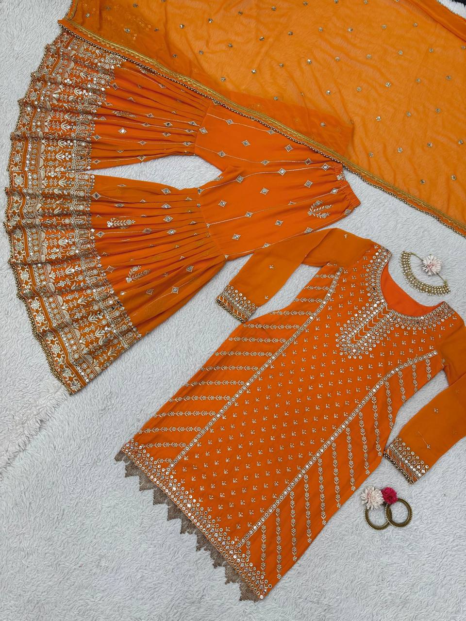 Fabulous Orange Color Georgette Sequence Thread Work Sharara Suit