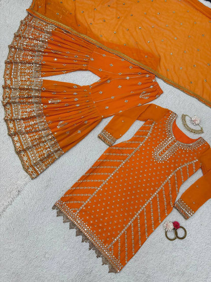 Fabulous Orange Color Georgette Sequence Thread Work Sharara Suit