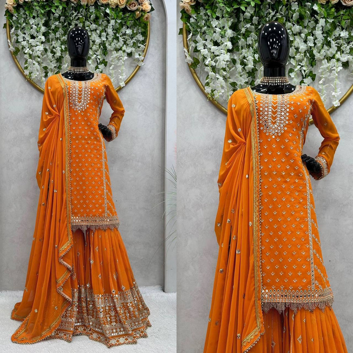 Fabulous Orange Color Georgette Sequence Thread Work Sharara Suit