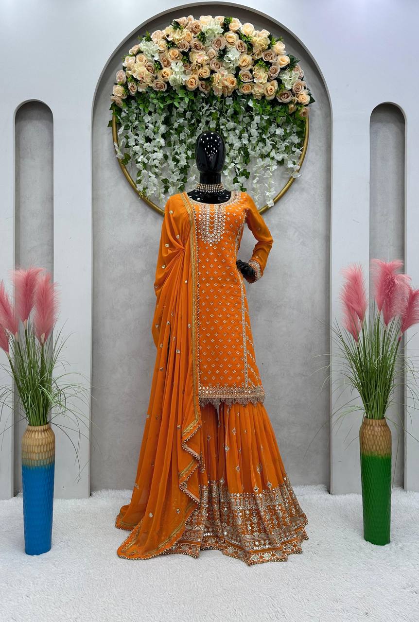 Fabulous Orange Color Georgette Sequence Thread Work Sharara Suit