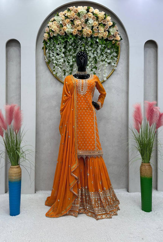 Fabulous Orange Color Georgette Sequence Thread Work Sharara Suit