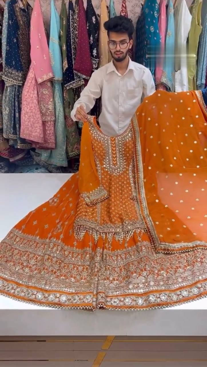 Fabulous Orange Color Georgette Sequence Thread Work Sharara Suit