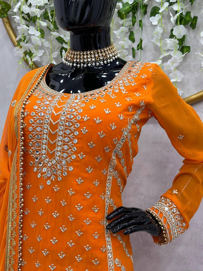 Fabulous Orange Color Georgette Sequence Thread Work Sharara Suit