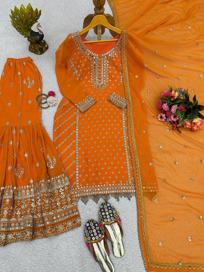 Fabulous Orange Color Georgette Sequence Thread Work Sharara Suit