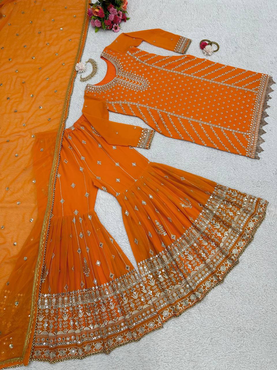 Fabulous Orange Color Georgette Sequence Thread Work Sharara Suit