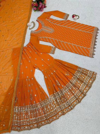 Fabulous Orange Color Georgette Sequence Thread Work Sharara Suit
