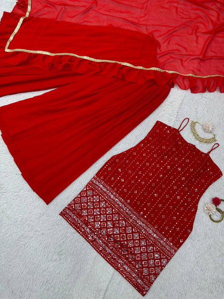 Dashing Red Color Georgette Sequence Thread Work Salwar Suit