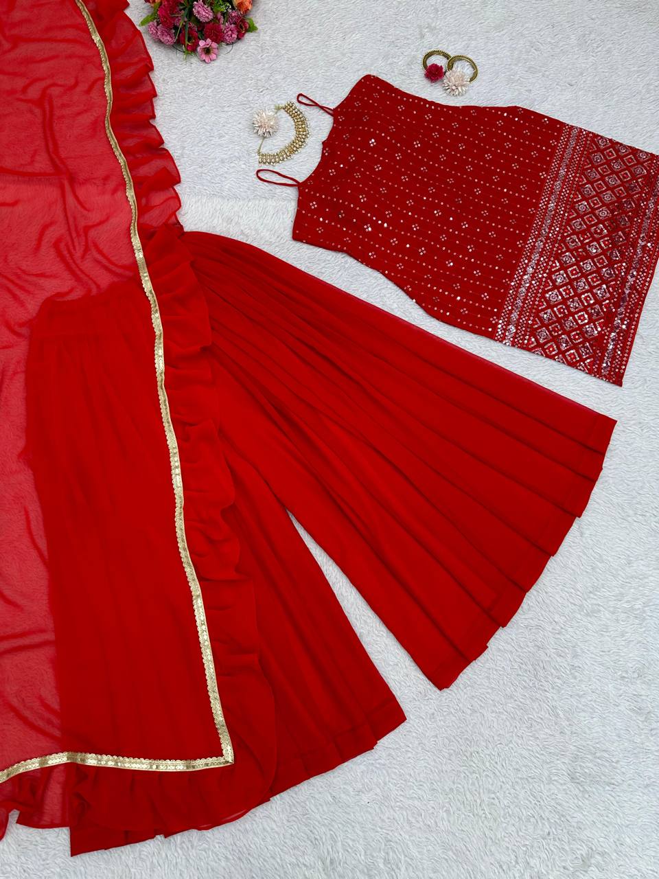 Dashing Red Color Georgette Sequence Thread Work Salwar Suit