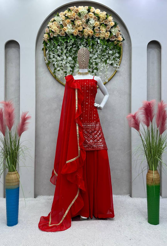 Dashing Red Color Georgette Sequence Thread Work Salwar Suit