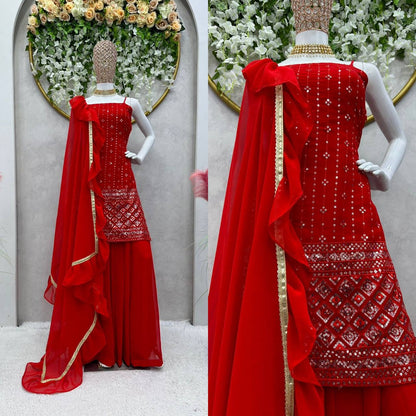 Dashing Red Color Georgette Sequence Thread Work Salwar Suit