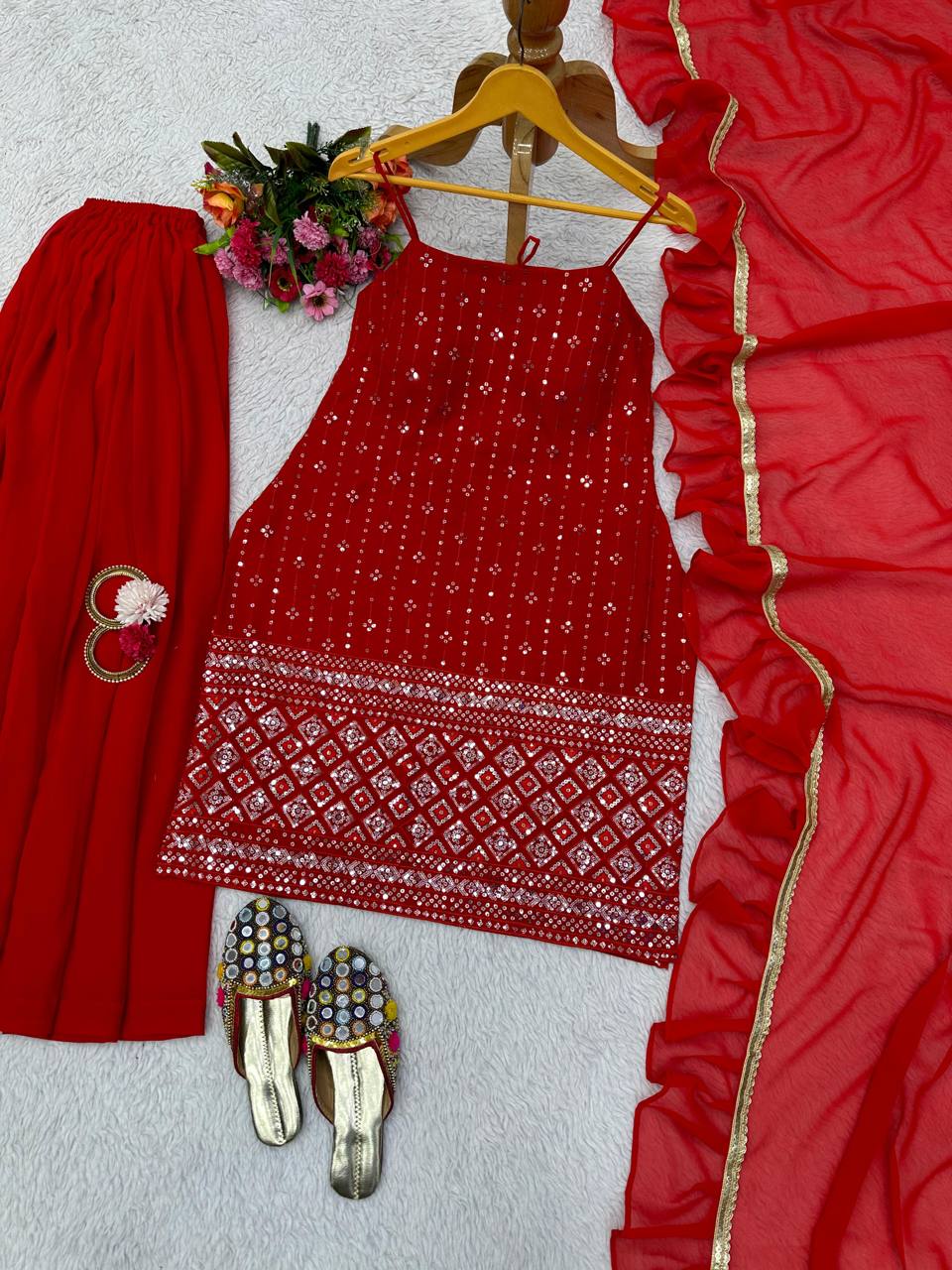 Dashing Red Color Georgette Sequence Thread Work Salwar Suit