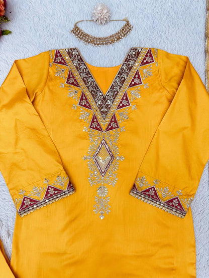 Awesome Mustard Color Taffeta Silk Sequence Thread Work Salwar Suit