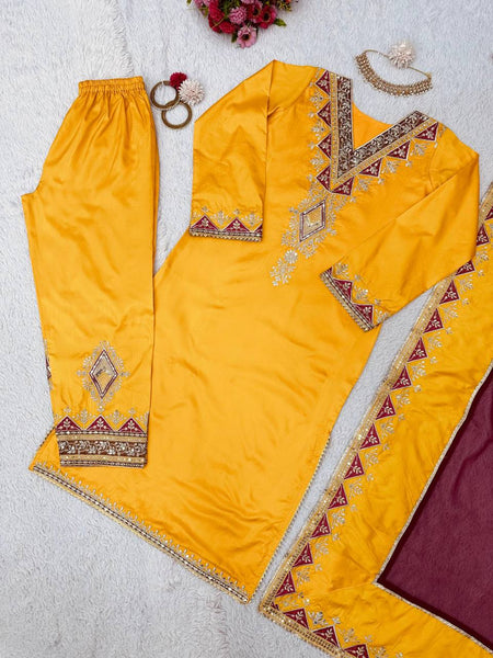 Awesome Mustard Color Taffeta Silk Sequence Thread Work Salwar Suit