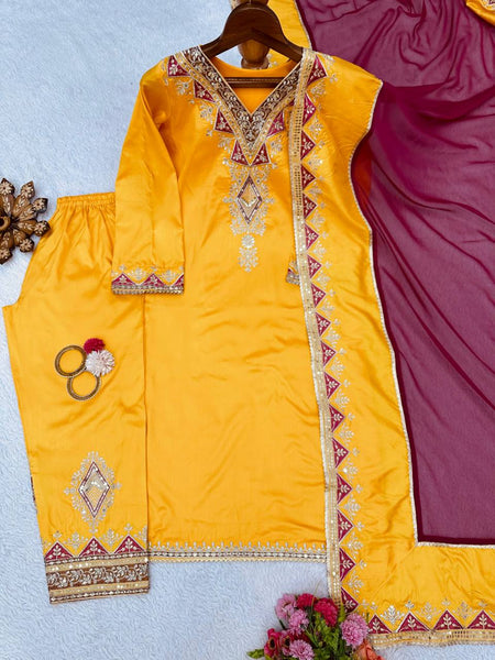 Awesome Mustard Color Taffeta Silk Sequence Thread Work Salwar Suit