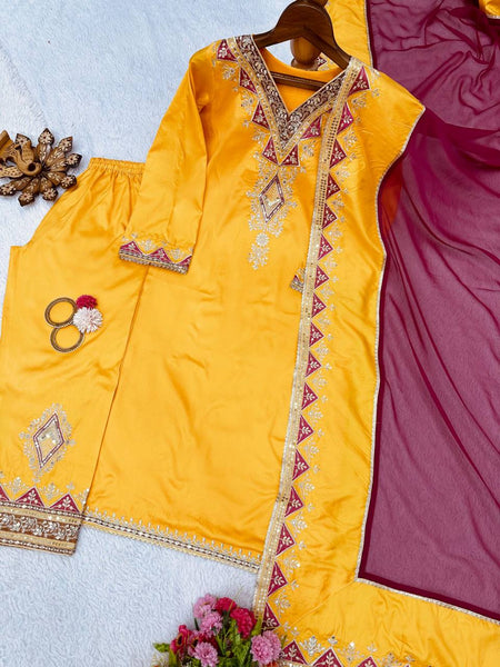Awesome Mustard Color Taffeta Silk Sequence Thread Work Salwar Suit