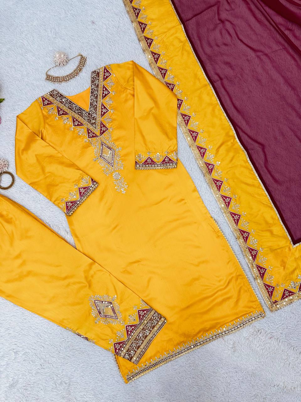 Awesome Mustard Color Taffeta Silk Sequence Thread Work Salwar Suit