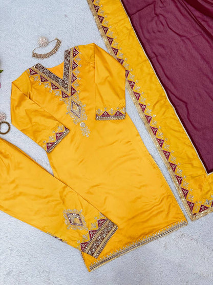 Awesome Mustard Color Taffeta Silk Sequence Thread Work Salwar Suit