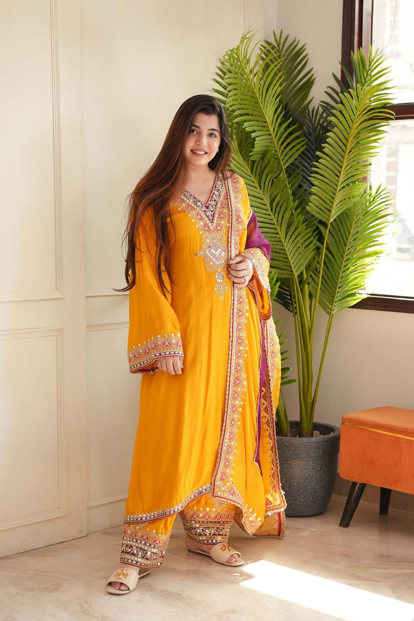 Awesome Mustard Color Taffeta Silk Sequence Thread Work Salwar Suit