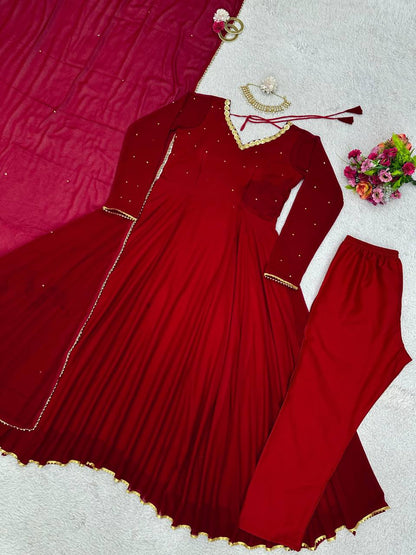 Maroon Color Georgette Sequence Stone Work Ready Made Salwar Suit
