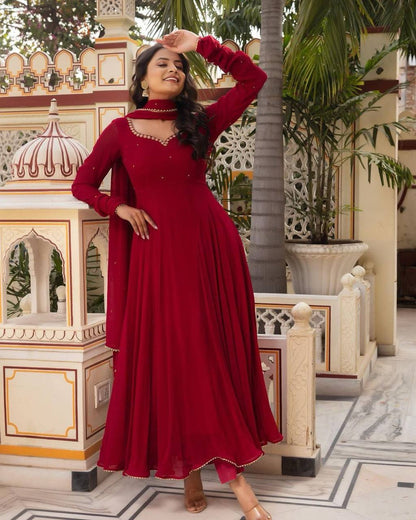 Maroon Color Georgette Sequence Stone Work Ready Made Salwar Suit