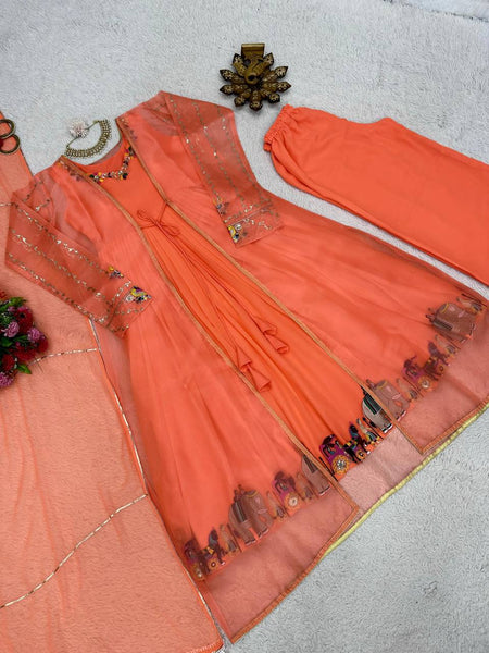 Elegant Orange Color Ready Made Sequene Work Shrug Salwar Suit
