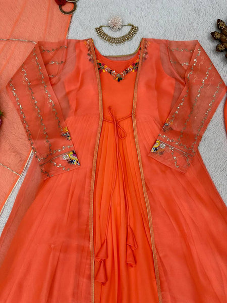 Elegant Orange Color Ready Made Sequene Work Shrug Salwar Suit