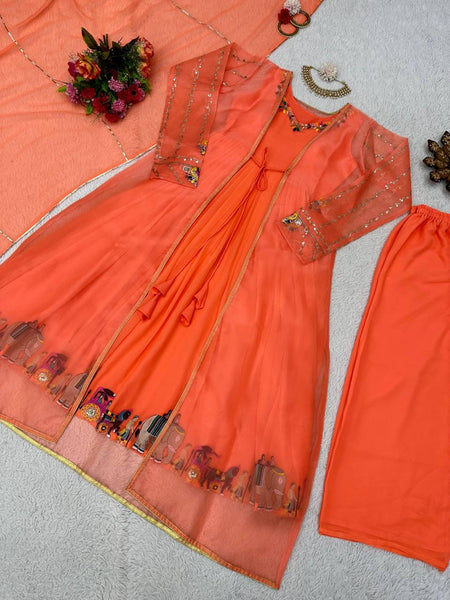 Elegant Orange Color Ready Made Sequene Work Shrug Salwar Suit