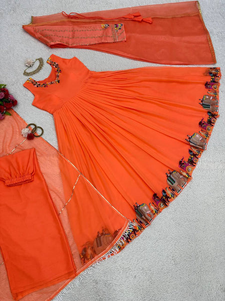 Elegant Orange Color Ready Made Sequene Work Shrug Salwar Suit