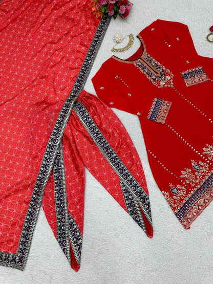 Pretty Red Color Georgette Sequence Work Ready Made Dhoti Salwar Suit
