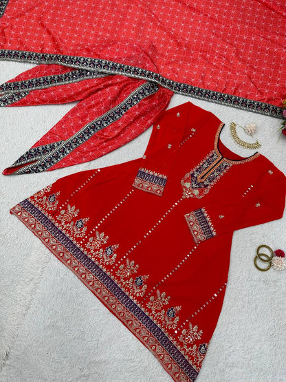 Pretty Red Color Georgette Sequence Work Ready Made Dhoti Salwar Suit