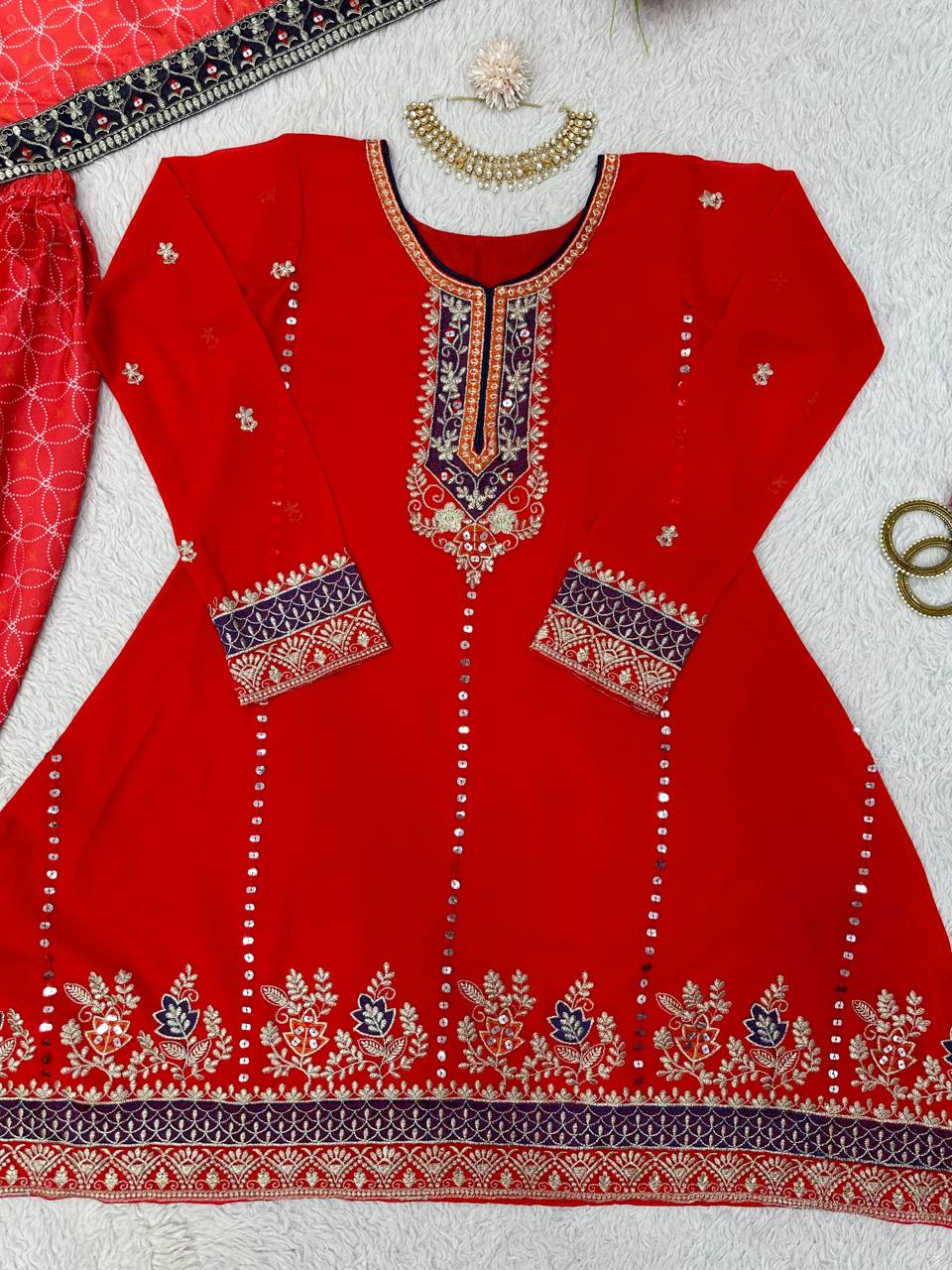 Pretty Red Color Georgette Sequence Work Ready Made Dhoti Salwar Suit