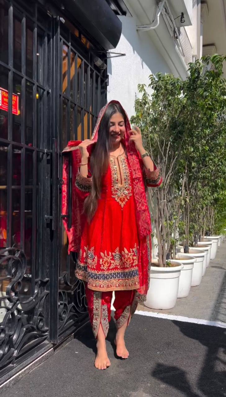 Pretty Red Color Georgette Sequence Work Ready Made Dhoti Salwar Suit