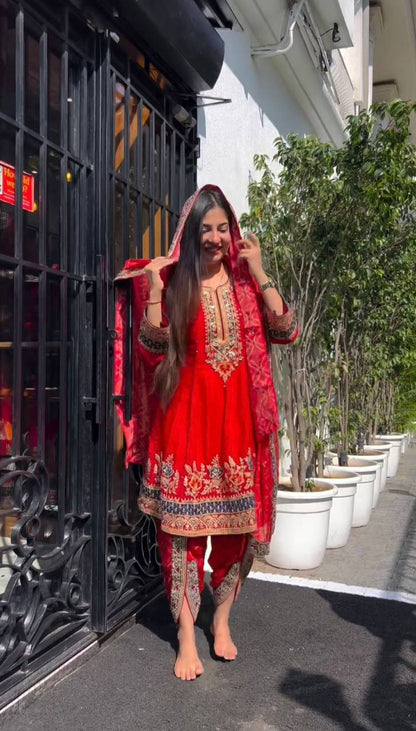 Pretty Red Color Georgette Sequence Work Ready Made Dhoti Salwar Suit