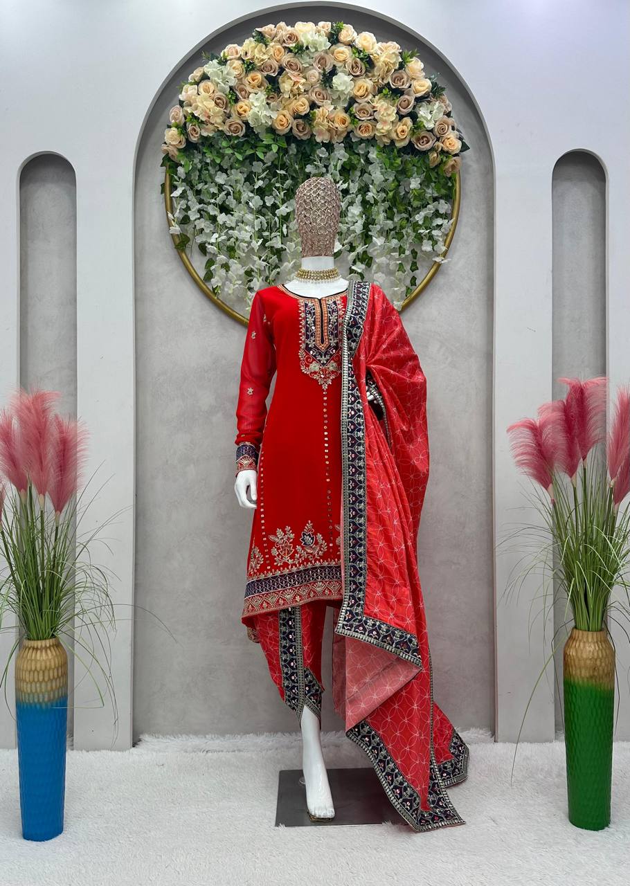 Pretty Red Color Georgette Sequence Work Ready Made Dhoti Salwar Suit