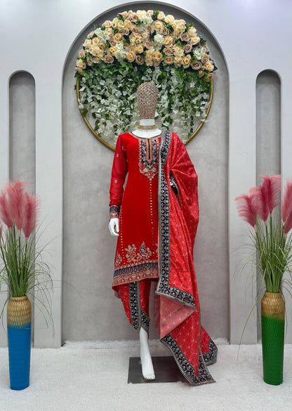 Pretty Red Color Georgette Sequence Work Ready Made Dhoti Salwar Suit