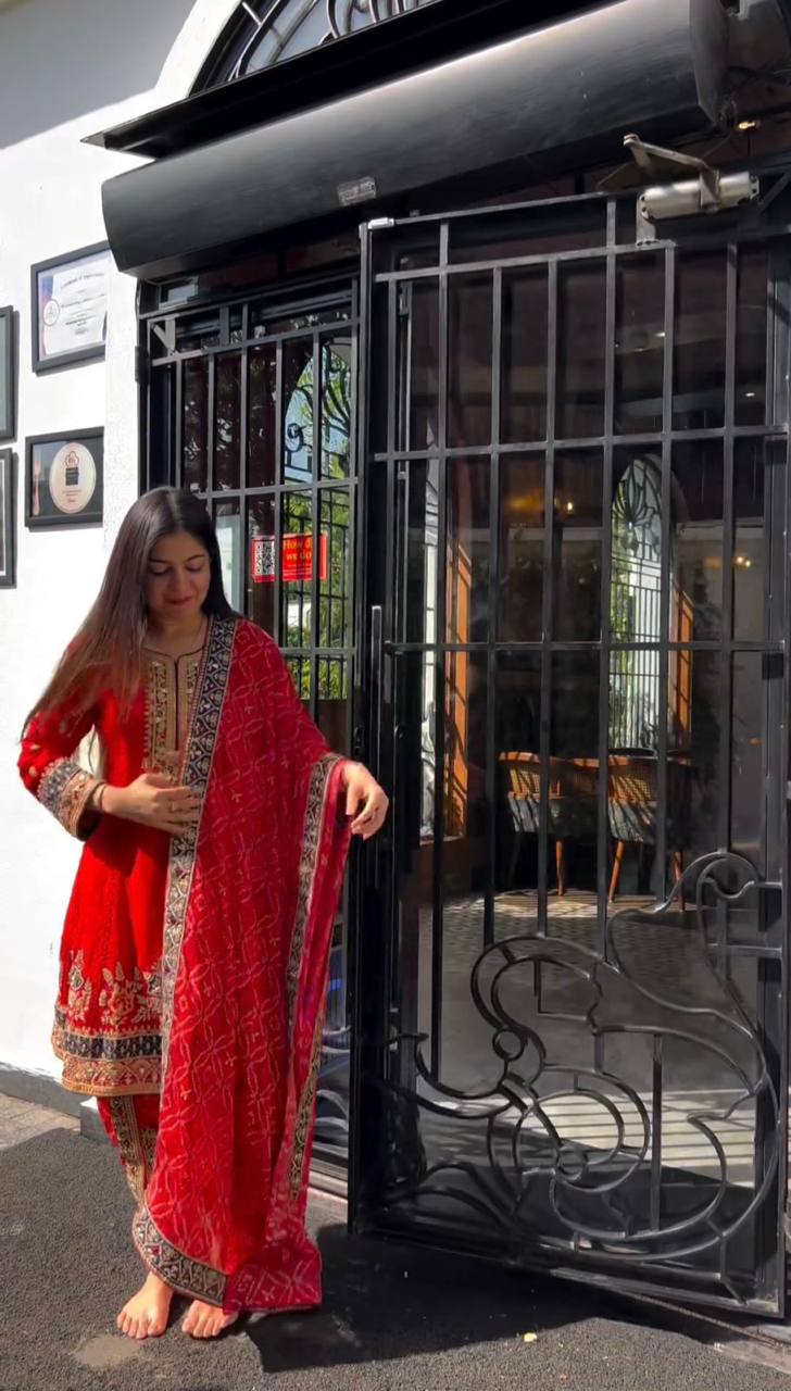 Pretty Red Color Georgette Sequence Work Ready Made Dhoti Salwar Suit