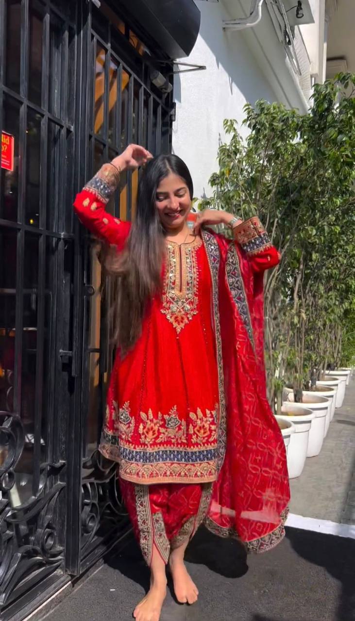 Pretty Red Color Georgette Sequence Work Ready Made Dhoti Salwar Suit