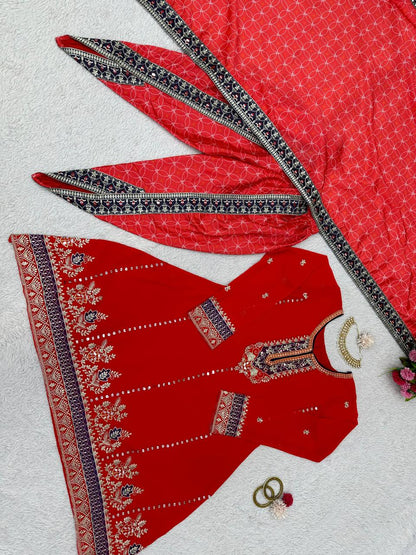 Pretty Red Color Georgette Sequence Work Ready Made Dhoti Salwar Suit