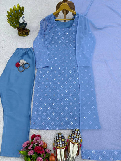 Wonderful Sky Blue Color Ready Made Georgette Sequence Work Salwar Suit