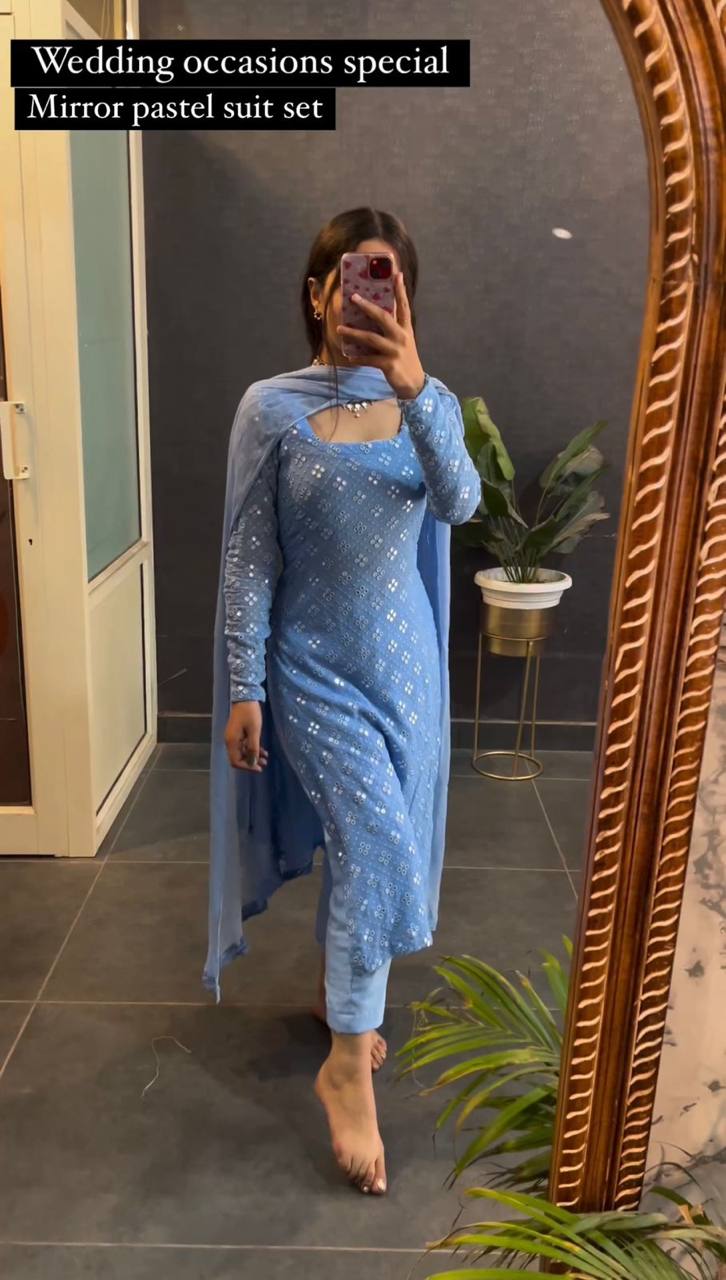 Wonderful Sky Blue Color Ready Made Georgette Sequence Work Salwar Suit