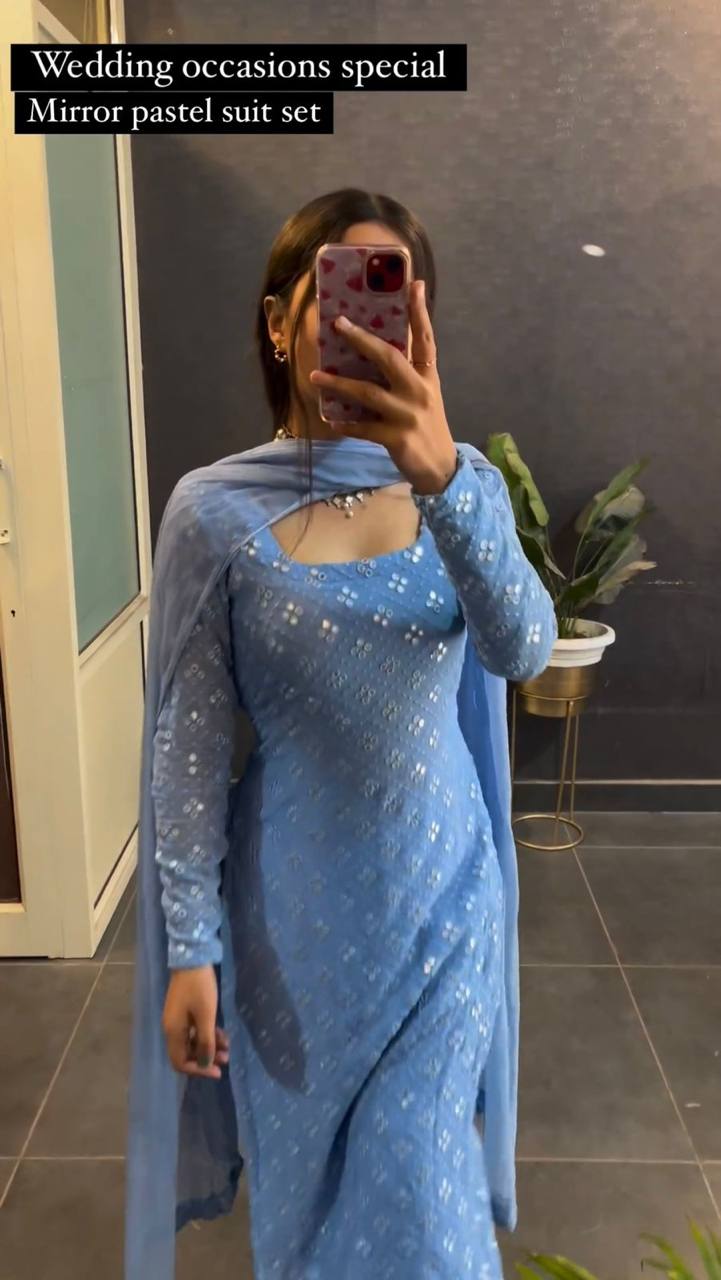 Wonderful Sky Blue Color Ready Made Georgette Sequence Work Salwar Suit
