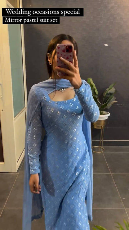 Wonderful Sky Blue Color Ready Made Georgette Sequence Work Salwar Suit