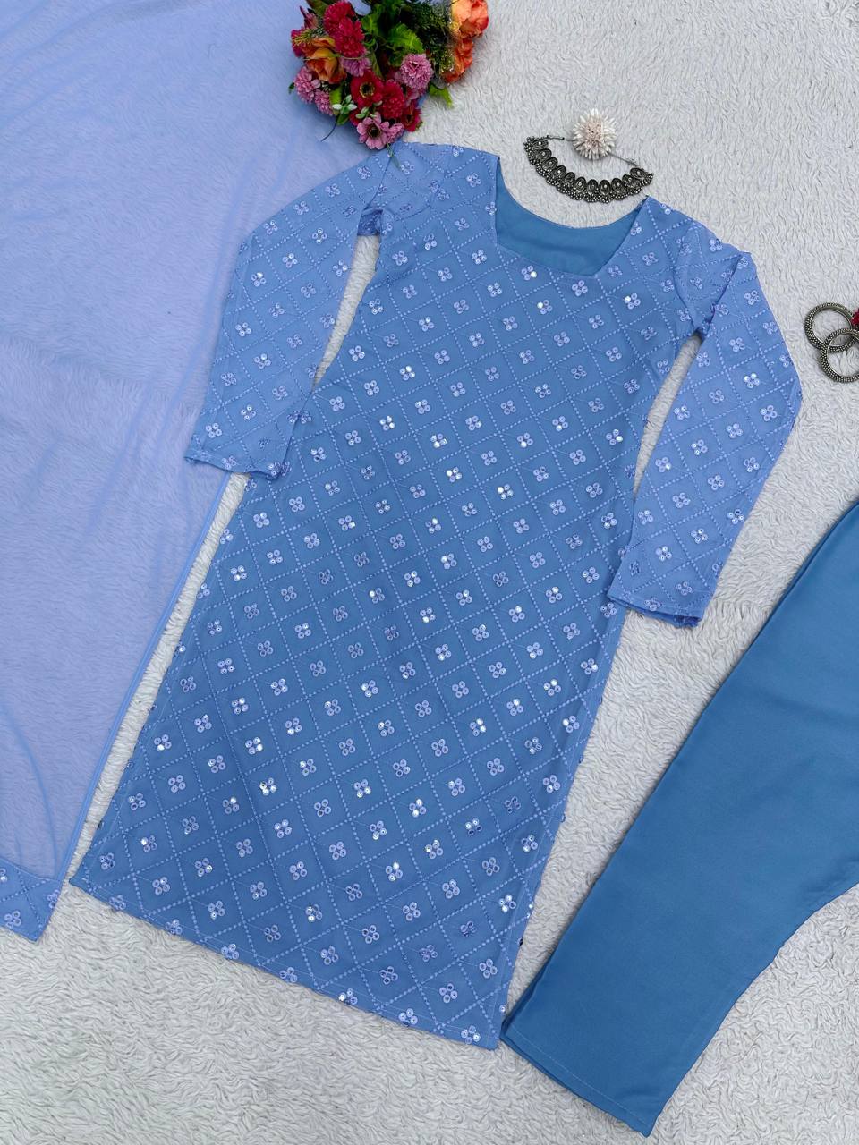 Wonderful Sky Blue Color Ready Made Georgette Sequence Work Salwar Suit