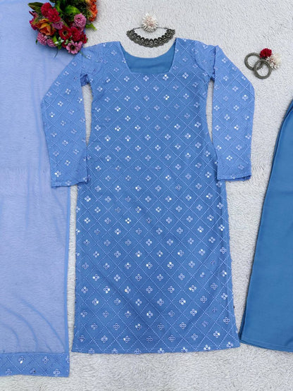 Wonderful Sky Blue Color Ready Made Georgette Sequence Work Salwar Suit