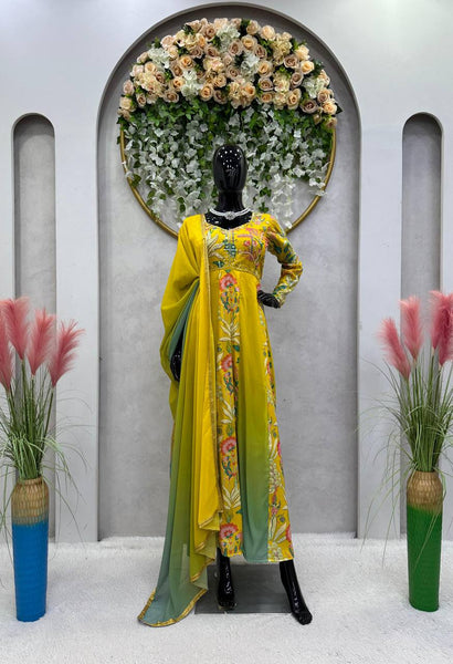Party Wear Yellow Color Muslin Digital Printed Hand Work Ready Made Gown Duapatta