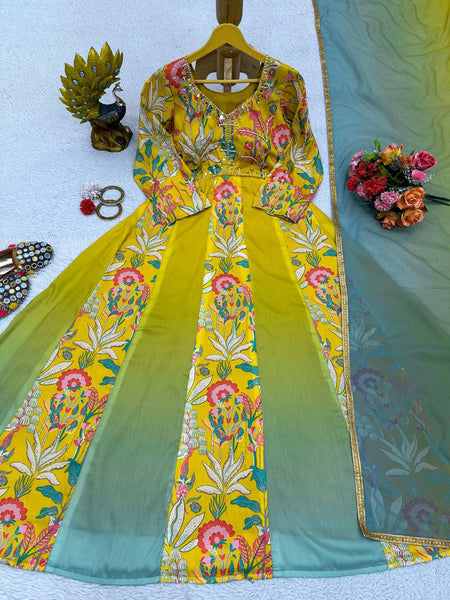 Party Wear Yellow Color Muslin Digital Printed Hand Work Ready Made Gown Duapatta