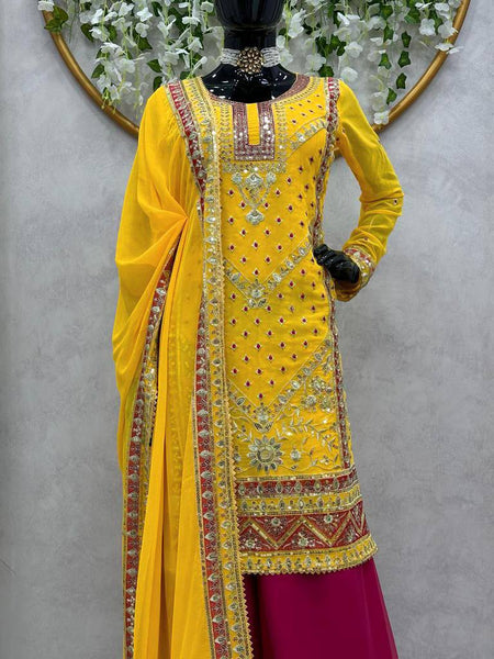Designer Yellow Color Georgette Sequence Work Ready Made Salwar Suit