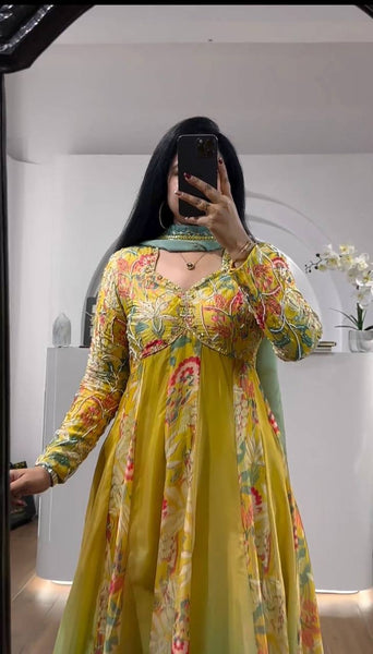 Party Wear Yellow Color Muslin Digital Printed Hand Work Ready Made Gown Duapatta