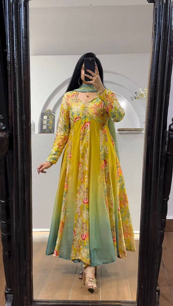 Party Wear Yellow Color Muslin Digital Printed Hand Work Ready Made Gown Duapatta