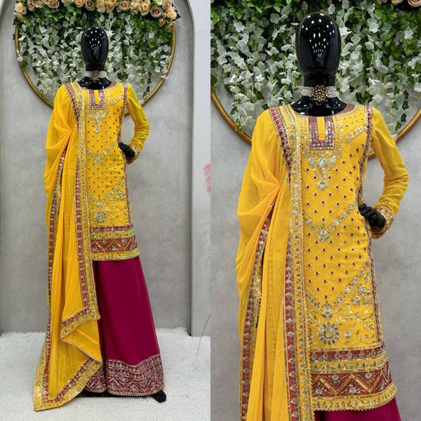 Designer Yellow Color Georgette Sequence Work Ready Made Salwar Suit